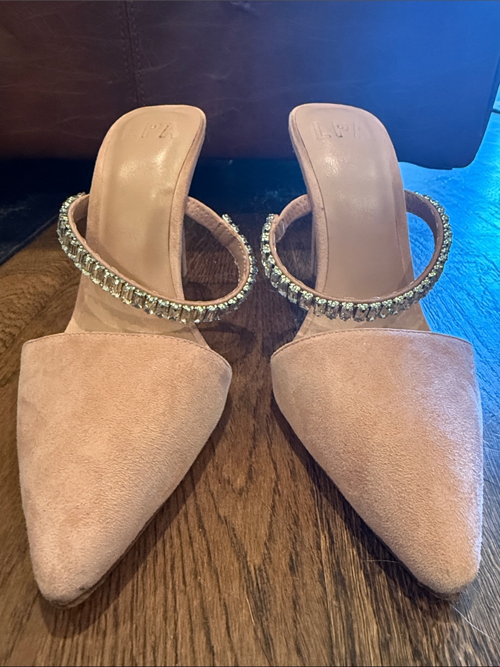 LPA Blush Pink Suede Pointed-Toe Mules with Rhinestone Strap